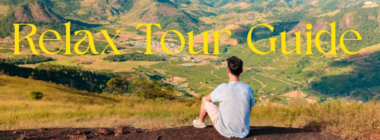 Relaxing travel scene showing a calm traveler enjoying a serene landscape